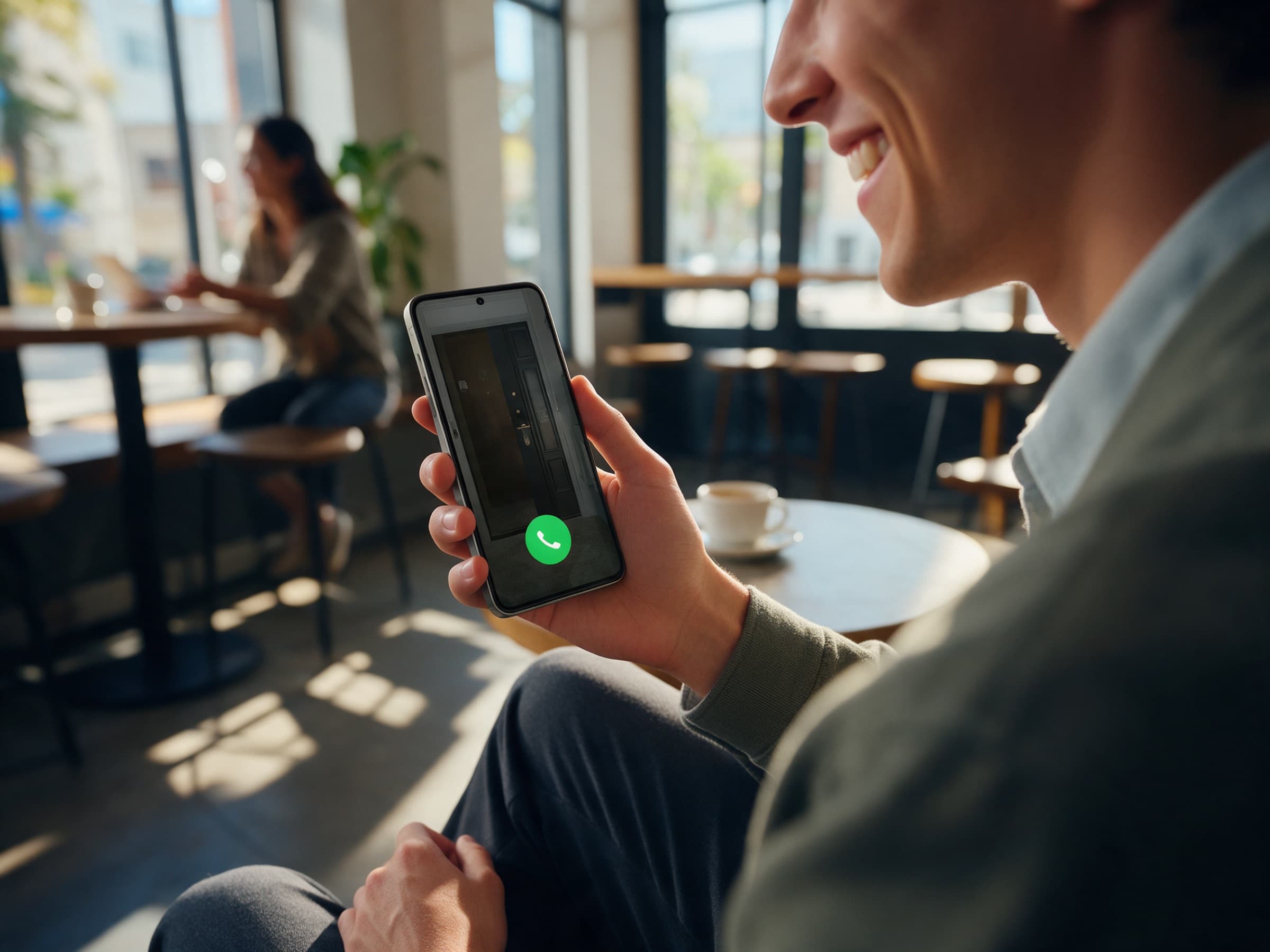 Kafede telefonundan gelen kapı aramasını yanıtlayan kişi
