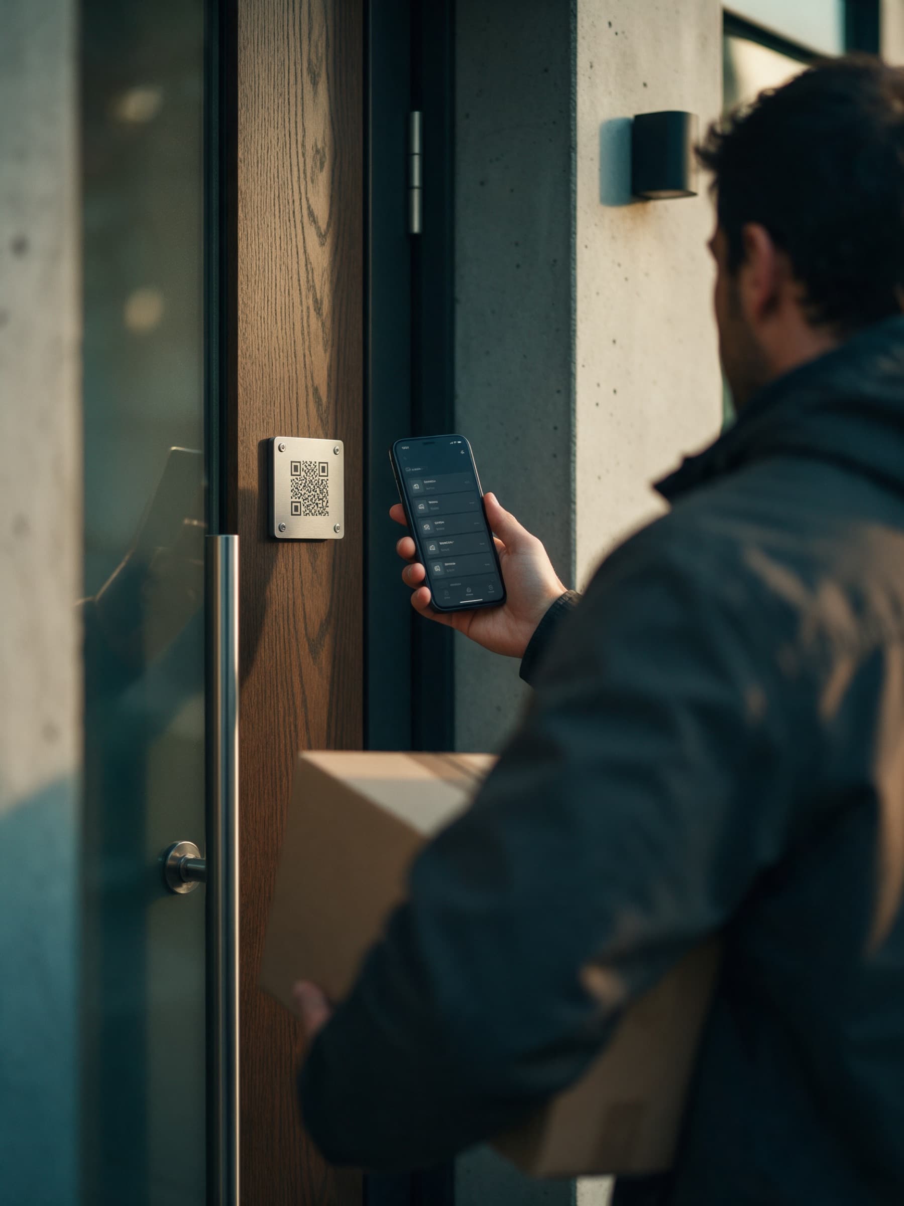Kapıdaki QR plakayı telefonuyla okutan kurye