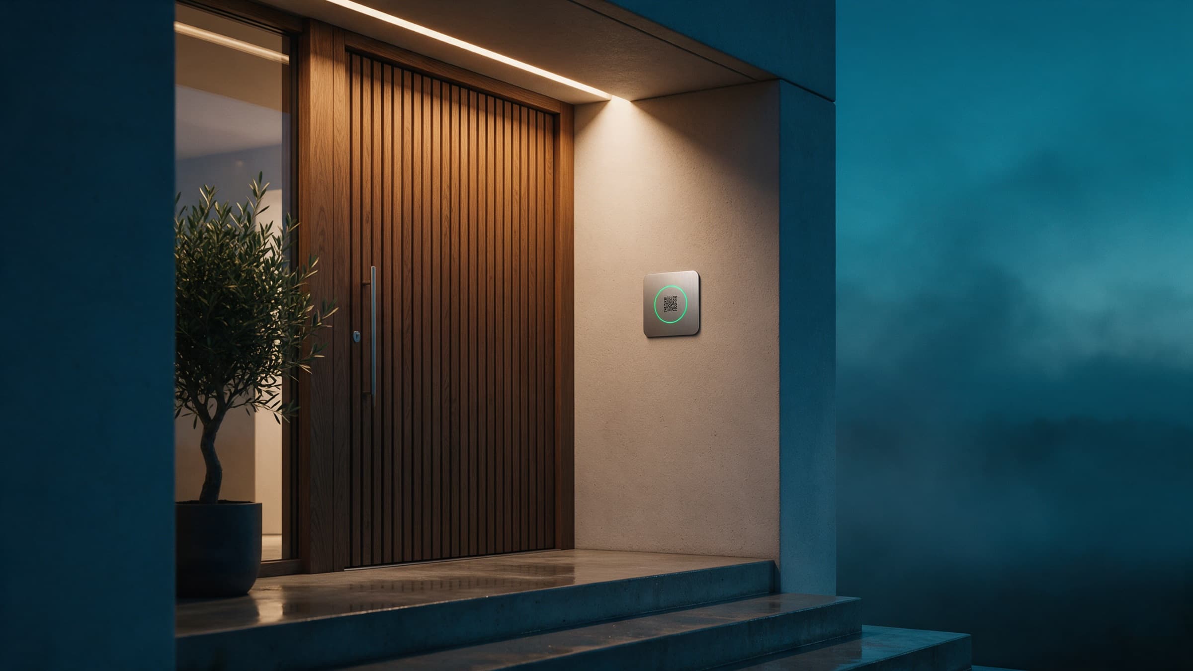 Mavi saatte modern bir apartman girişi; kapının yanında yeşil ışıklı QR Zil plakası